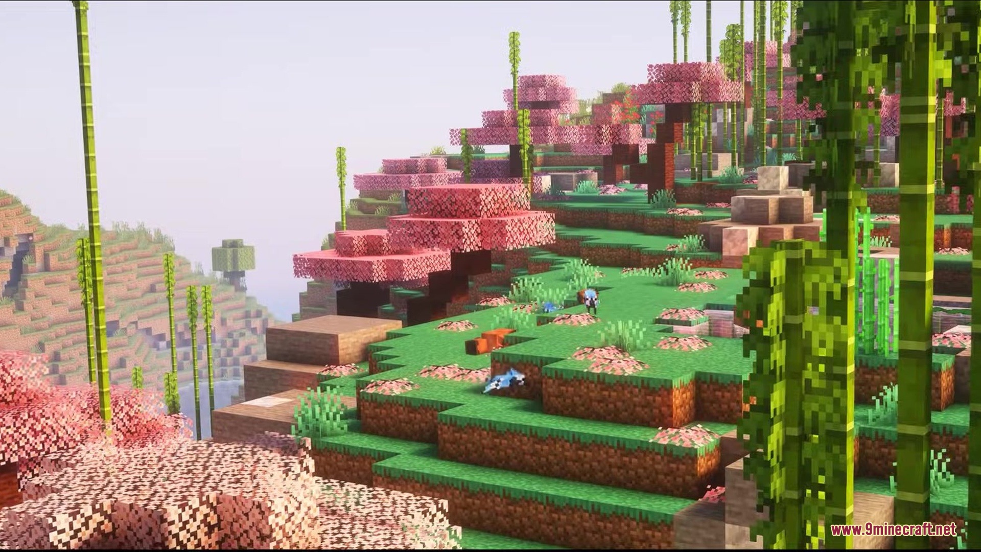 Kilt Mod Screenshot 3 A scenic landscape featuring pink cherry blossom trees and tall green bamboo stalks