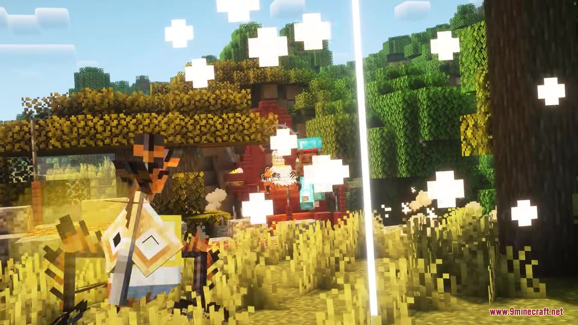 Kilt Mod Screenshot 4 A player in diamond armor stands near a structure with glowing white particles