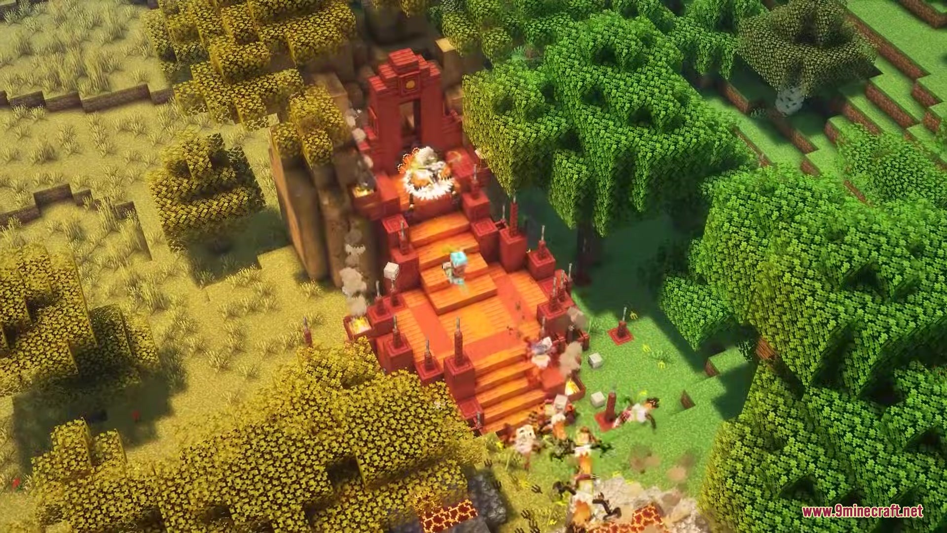 Kilt Mod Screenshot 5 A red brick temple with orange stairs built into a lush forest hillside