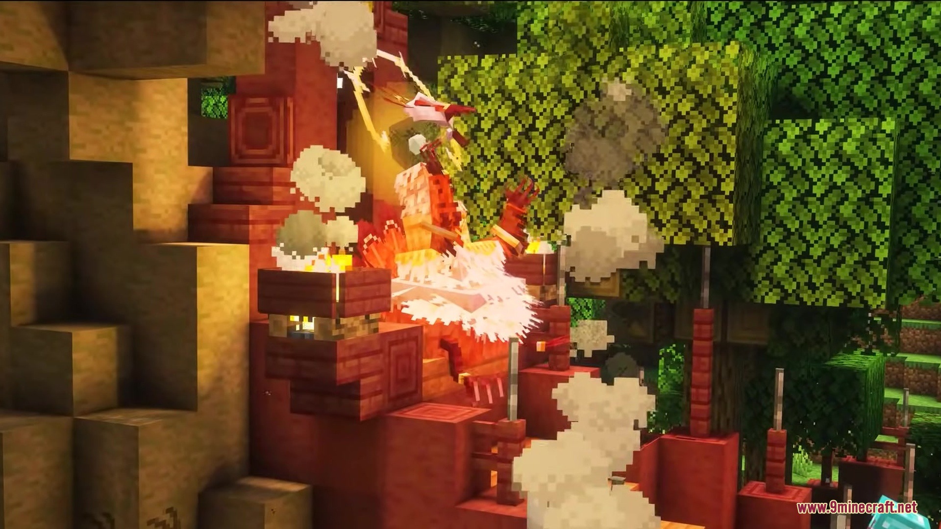 Kilt Mod Screenshot 6 A white and red entity emitting smoke on the stairs of a temple