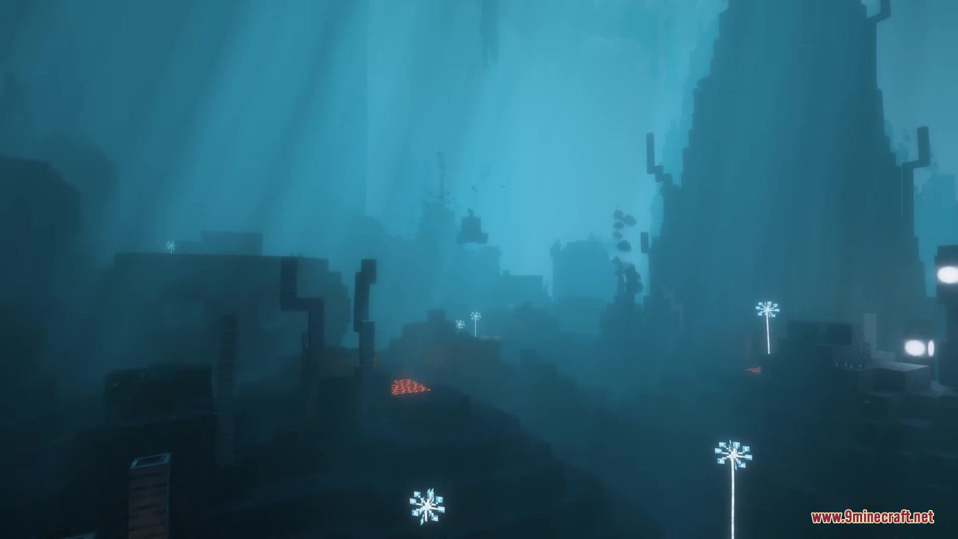 Kilt Mod Screenshot 7 A foggy blue underwater biome featuring glowing white plants and ancient blocky structures
