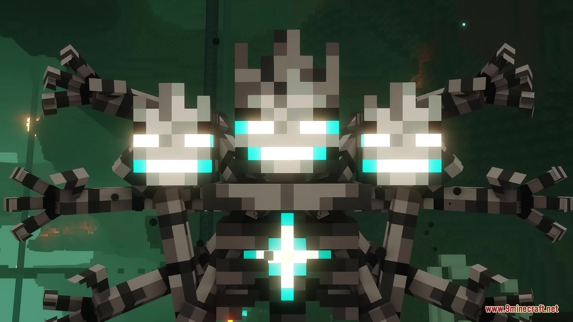 King of the Nether Resource Pack Screenshot 3 The King of the Nether boss with multiple heads and glowing cyan eyes