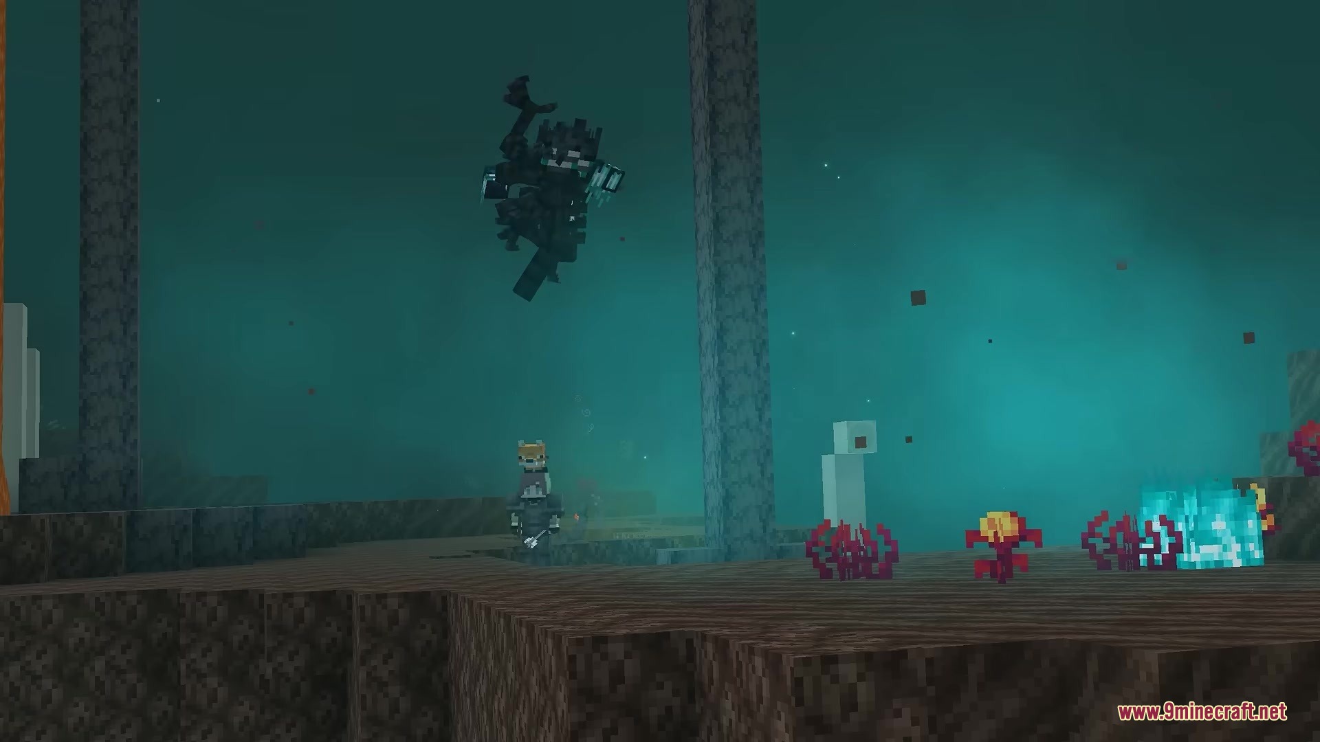 King of the Nether Resource Pack Screenshot 6 The dark Wither boss floats through the blue fog of a soul sand valley