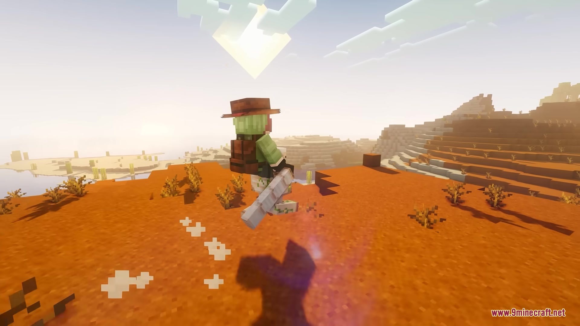 King of the Nether X Fresh Animations Resource Pack Screenshot 1 A Minecraft player with a backpack and weapon explores a vast mesa landscape