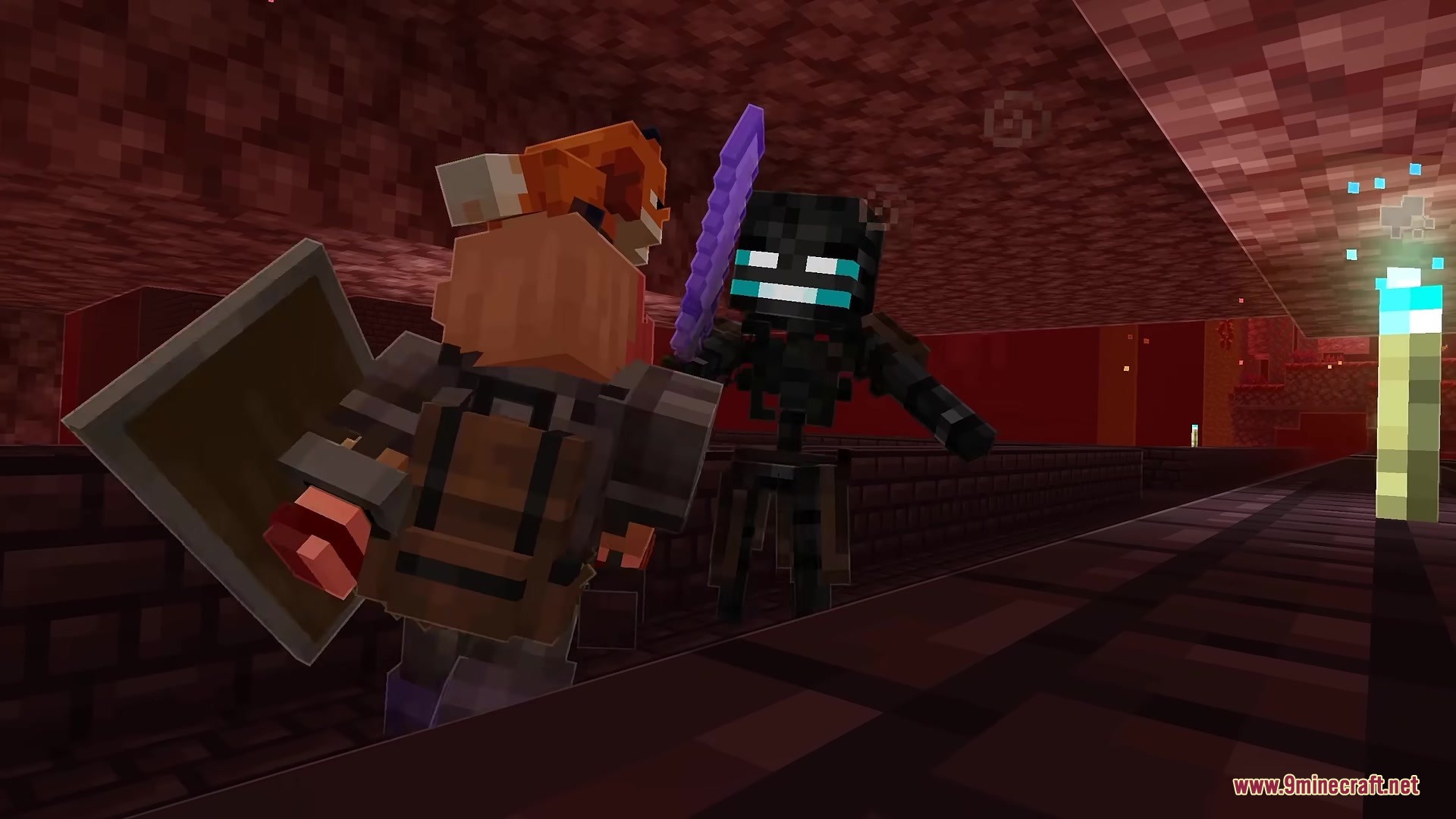 King of the Nether X Fresh Animations Resource Pack Screenshot 10 Player wearing a backpack confronts a Wither Knight holding a purple sword