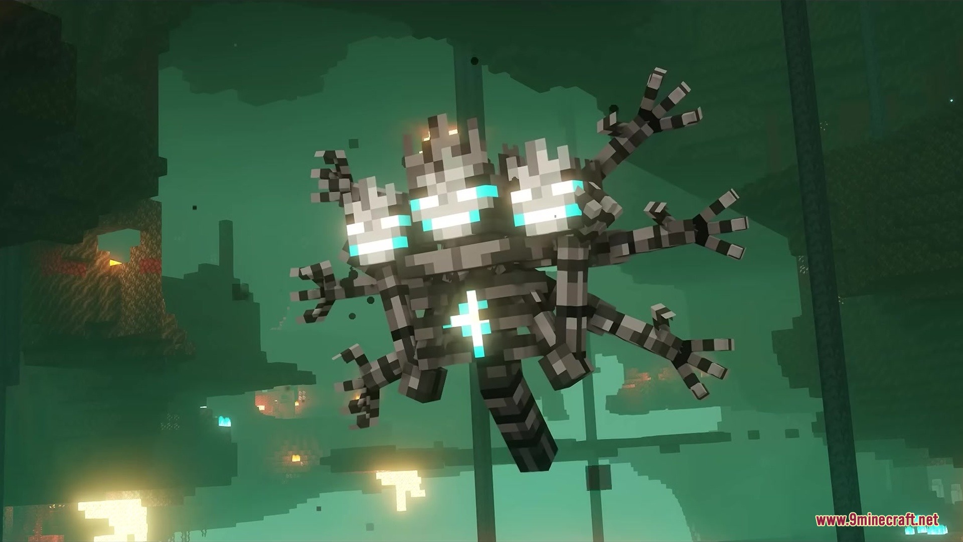 King of the Nether X Fresh Animations Resource Pack Screenshot 2 A giant skeletal boss with three heads and glowing blue eyes in the nether