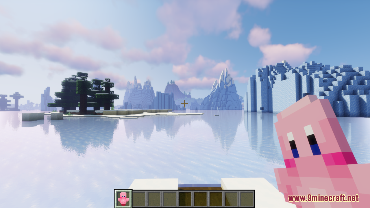 First person view of a pink Kirby totem held in an icy biome