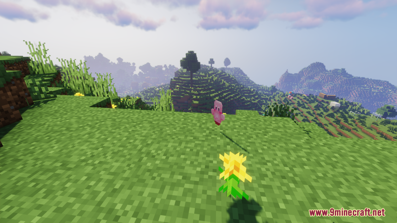A pink Kirby figure floats above a grassy hill in a Minecraft world
