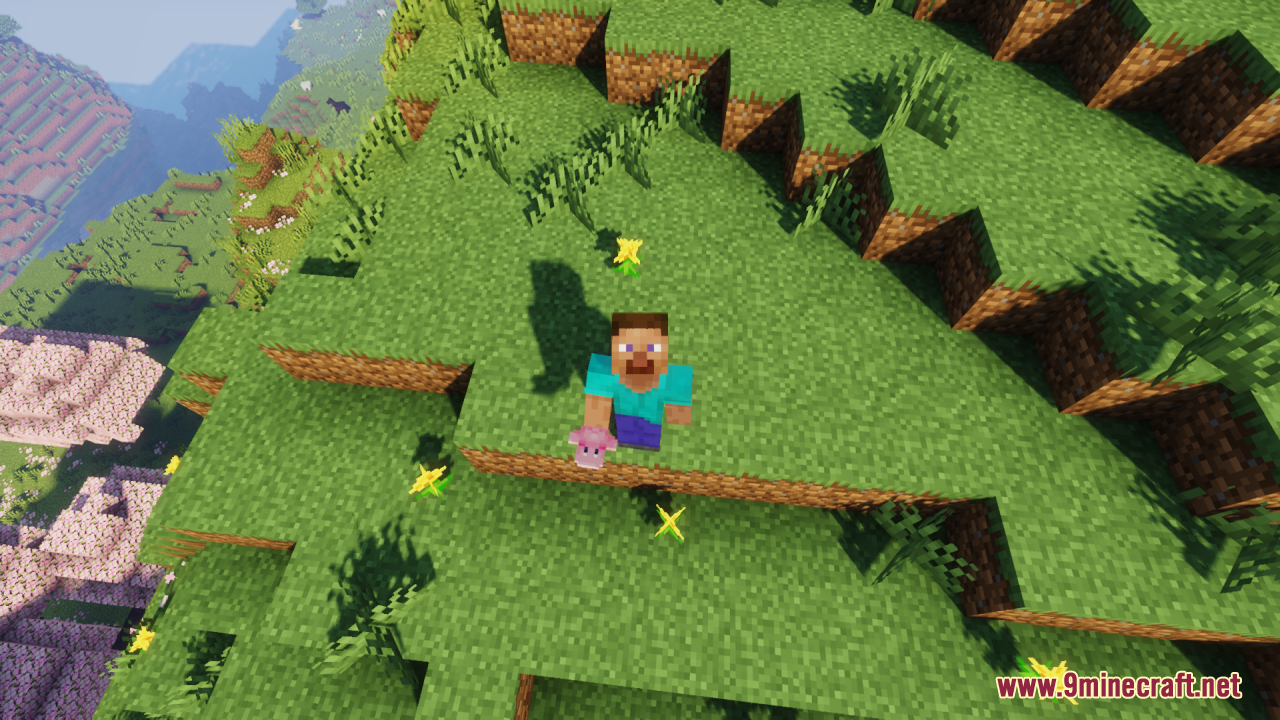 A player holds a pink Kirby totem while standing on a grassy cliff