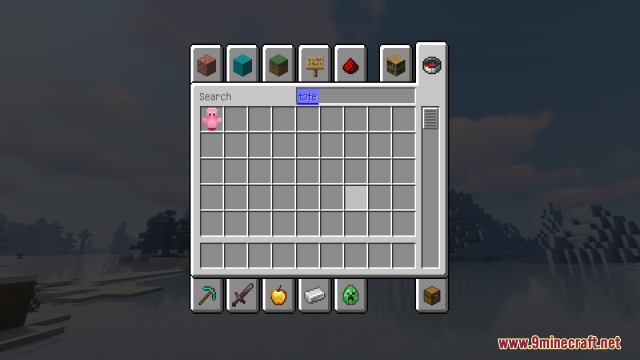 The Minecraft creative inventory displays a pink Kirby item in the search results
