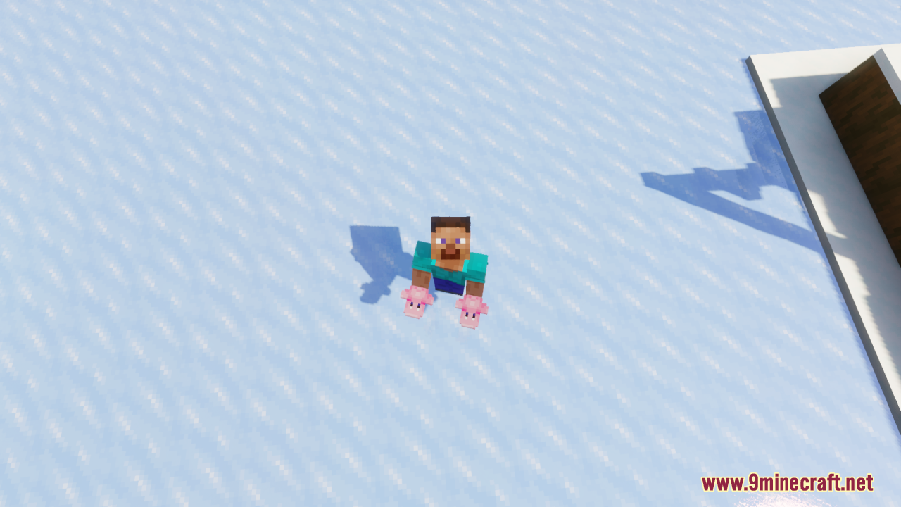 A Minecraft player holding two pink Kirby figures on a frozen lake