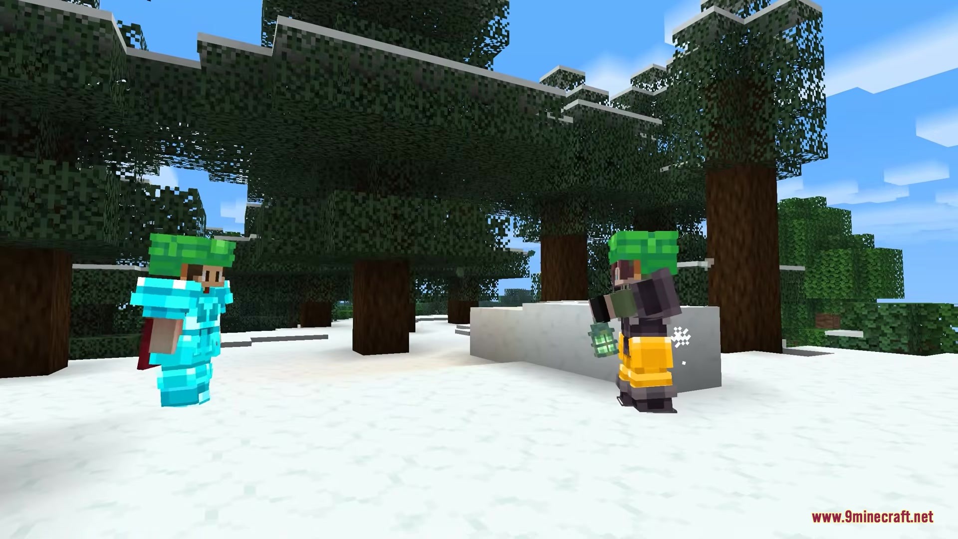 Two Minecraft players looking at each other in a snowy spruce forest
