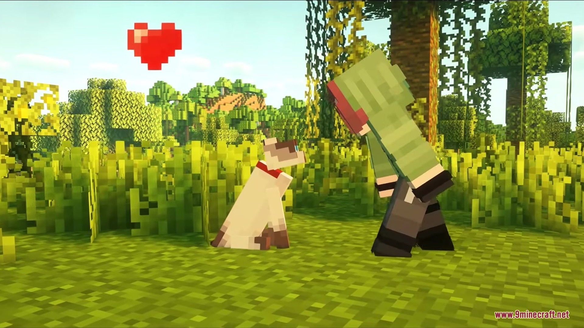 Minecraft player leaning in to kiss a pet cat with a red heart