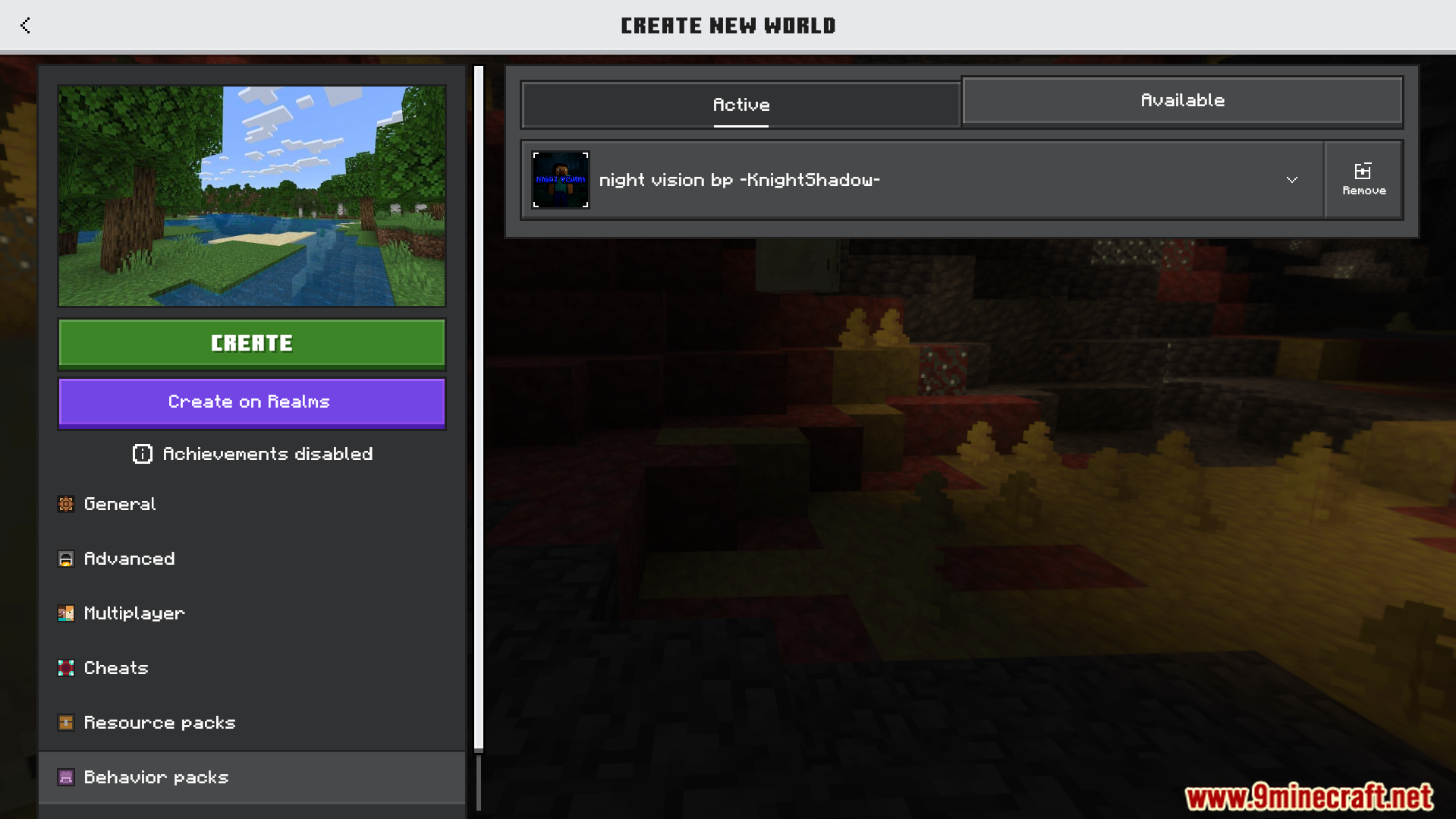 Activating the night vision behavior pack in the Minecraft world creation menu