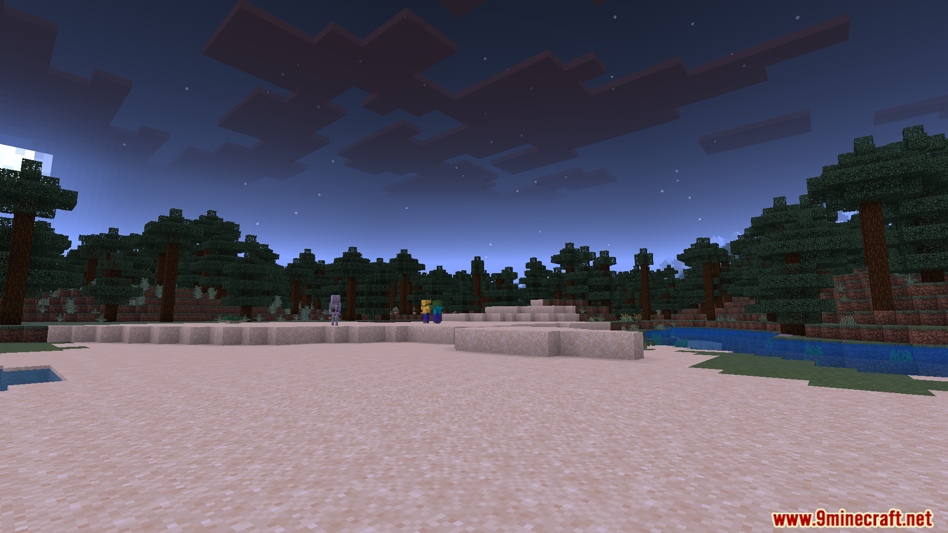 KnightShadows Night Vision Addon showing a clear sandy beach and forest with mobs