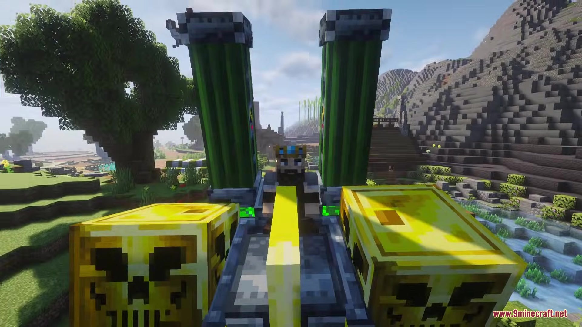 A player controls a giant mechanical robot from a first person cockpit