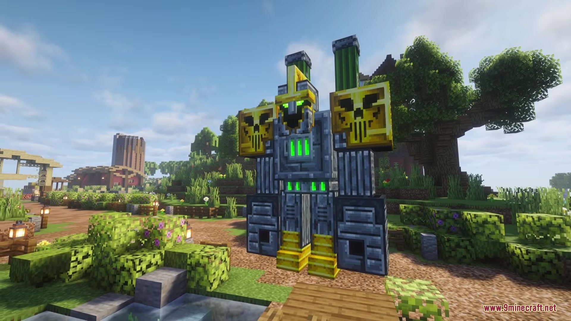 The Kotm Grugantuar robot stands tall in a lush Minecraft landscape