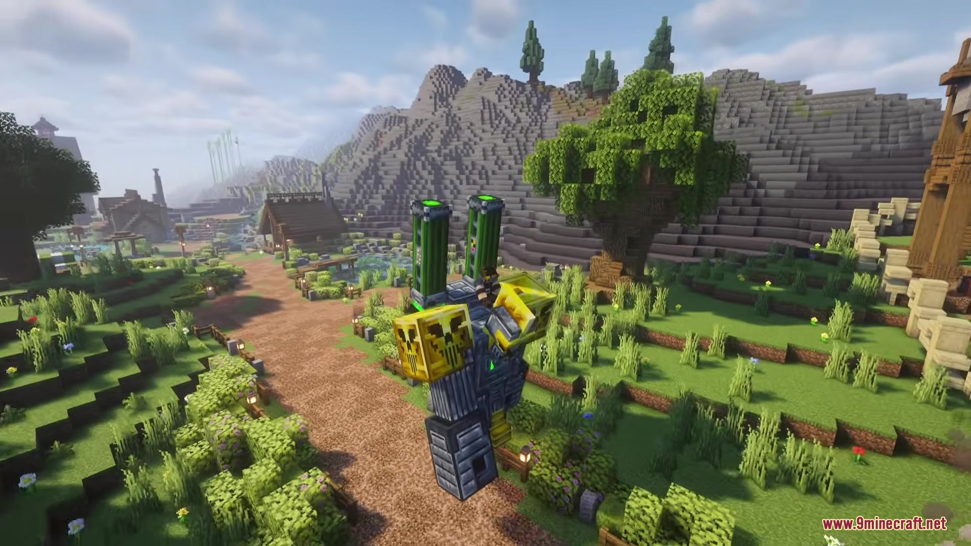 A giant Grugantuar robot with green tubes standing in a Minecraft landscape