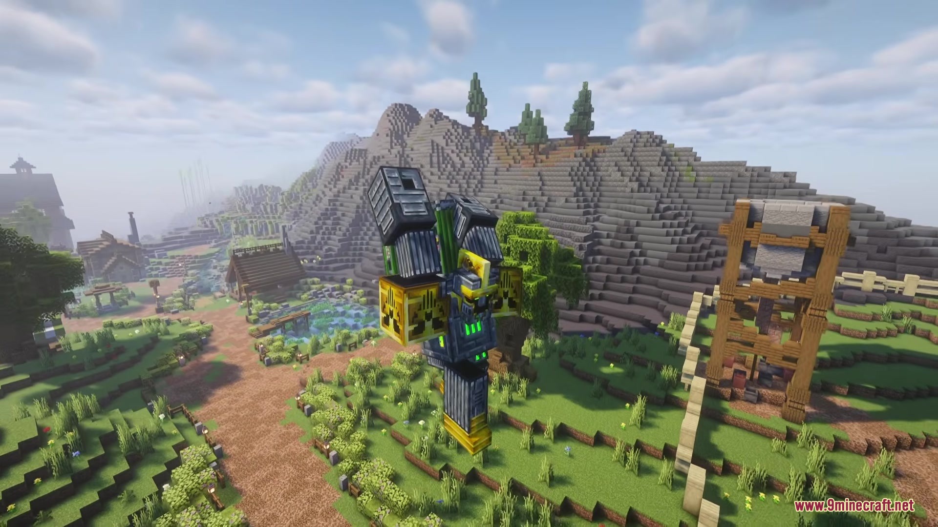 The massive mechanical warrior jumping high into the air over a path