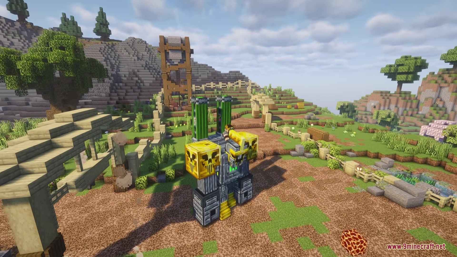 A giant mechanical robot with yellow skull shoulders stands in a field