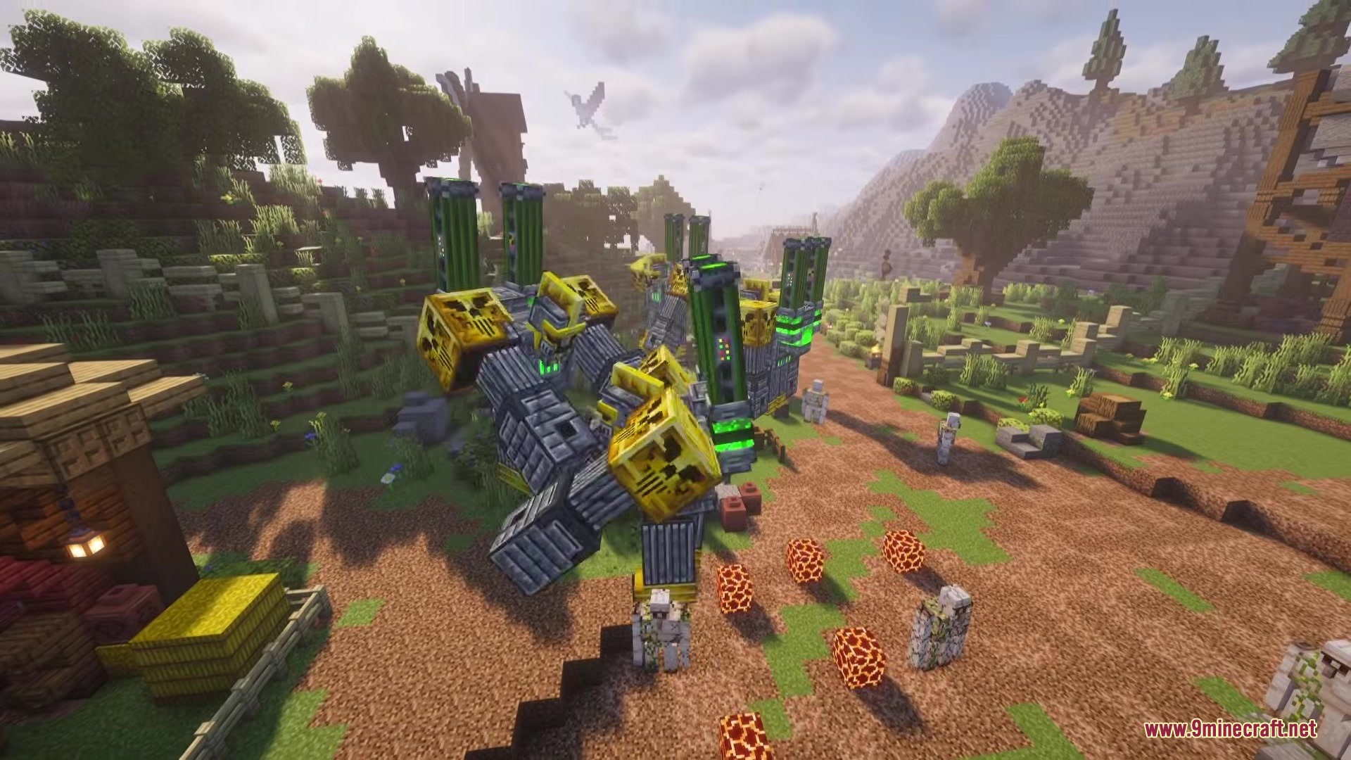Multiple Grugantuar robots fighting iron golems in a destructive Minecraft battle