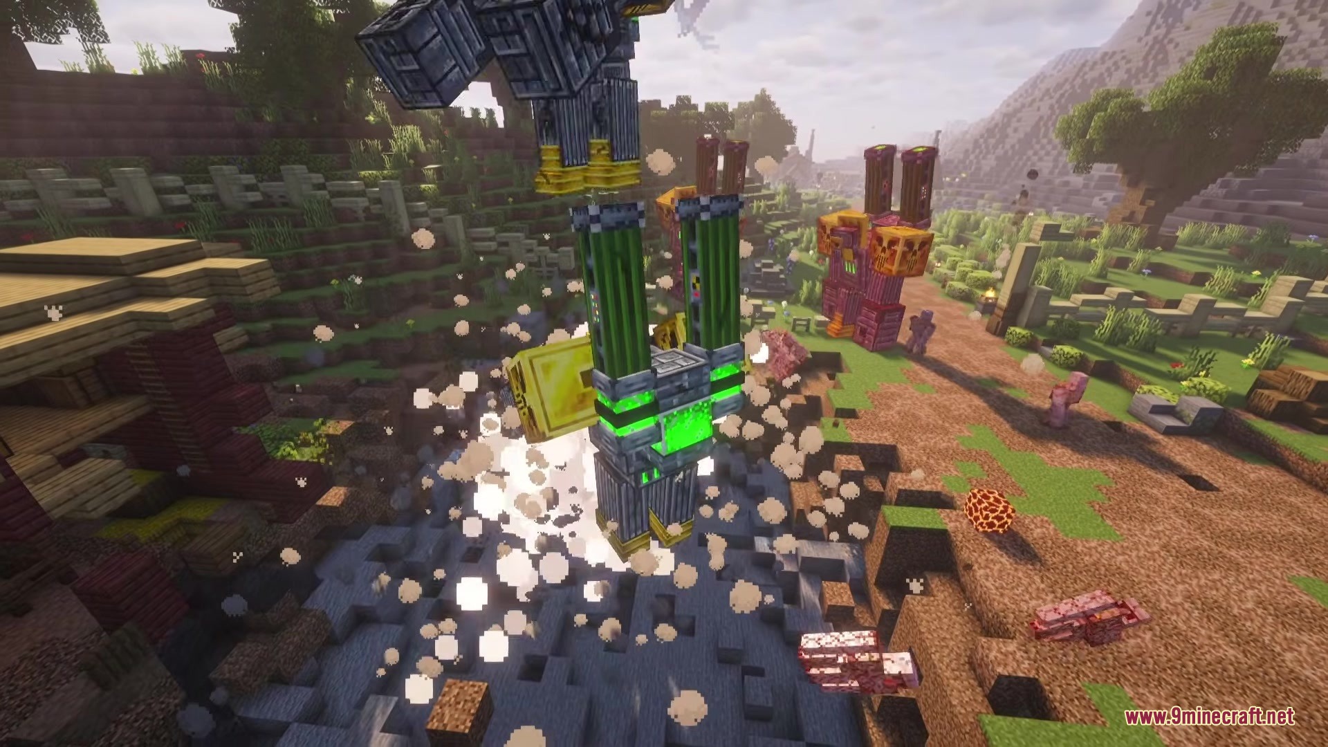 Giant Grugantuar robot performs a powerful jump attack causing a huge dust explosion