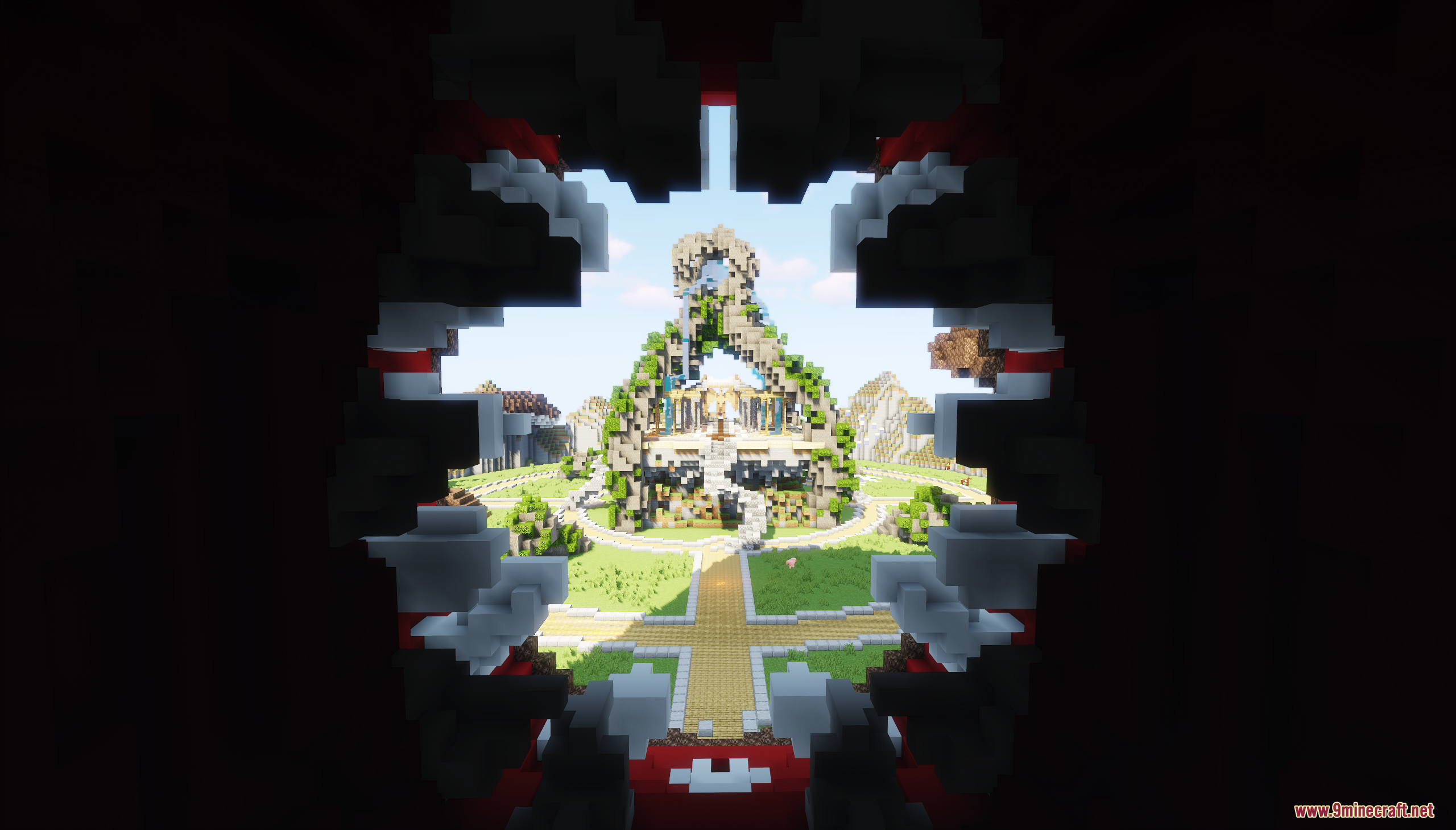 Kraken Lobby Map Screenshot 7 View from inside a dark jagged opening looking at a central temple
