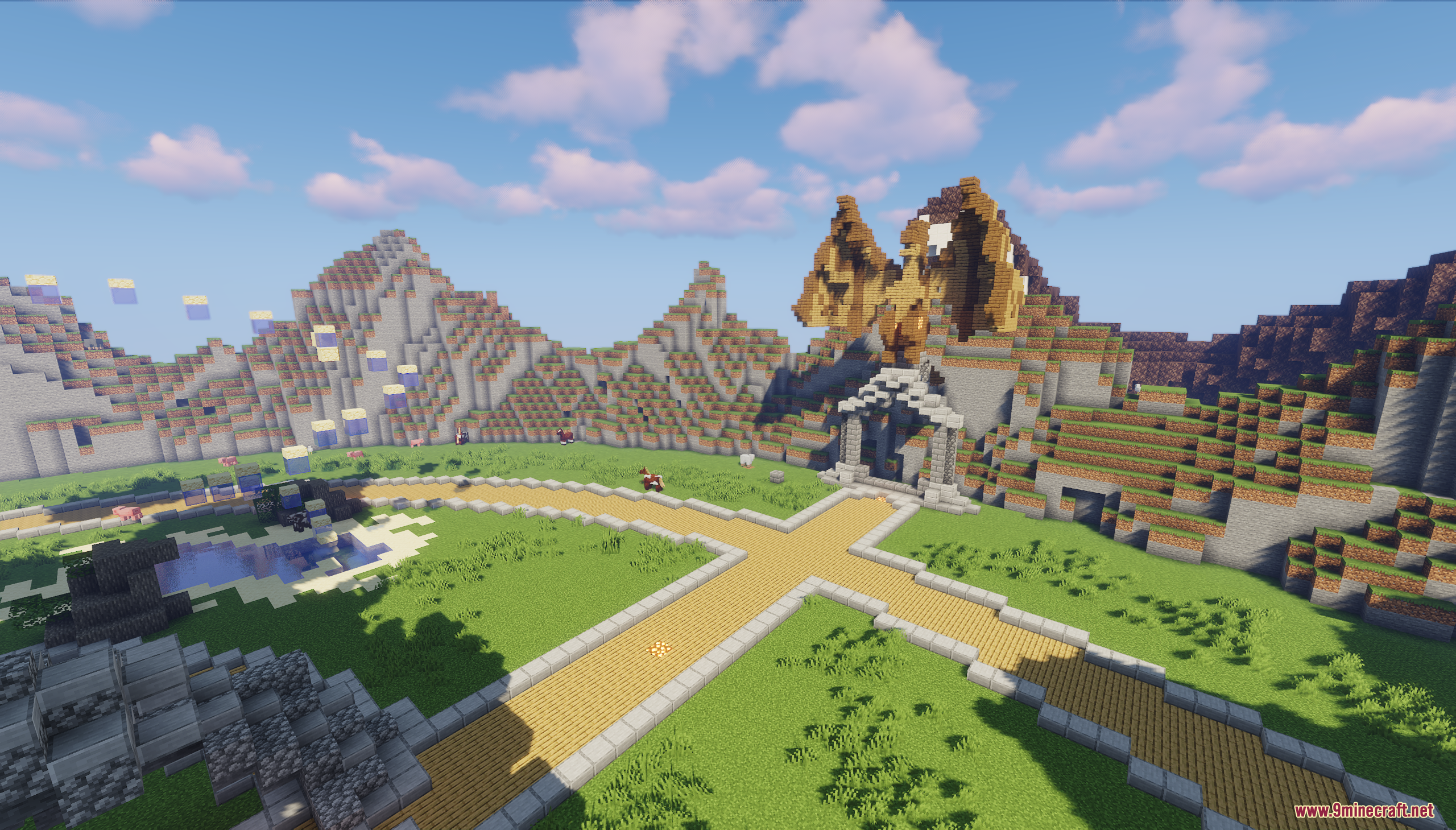 Kraken Lobby Map Screenshot 9 A yellow path leads through a green field toward a dragon mountain sculpture