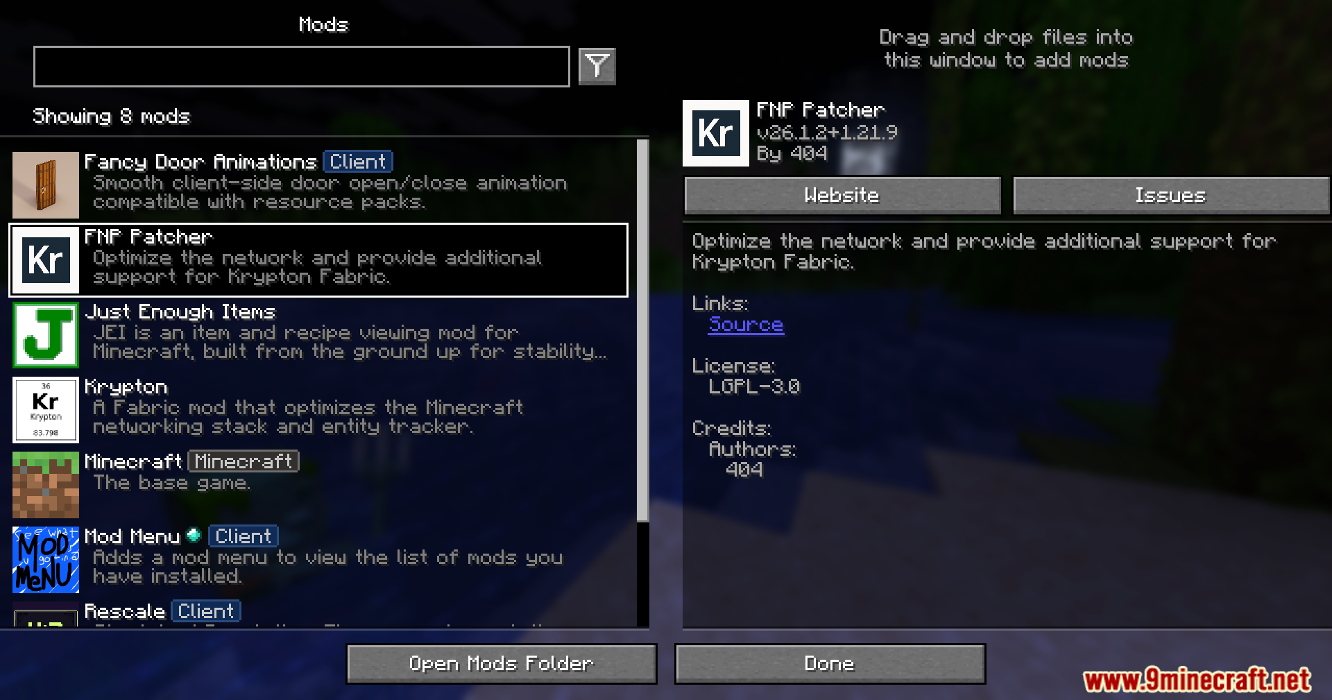 KryptonReno's Fabric Patcher Mod Screenshot 1 Viewing the mod menu screen with FNP Patcher and other installed modifications