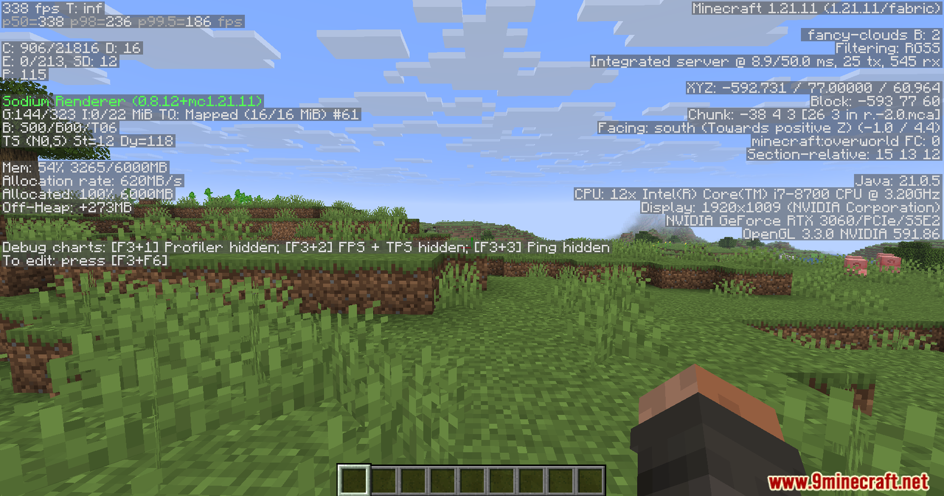 KryptonReno's Fabric Patcher Mod Screenshot 2 Minecraft gameplay showing the debug screen with performance and system data