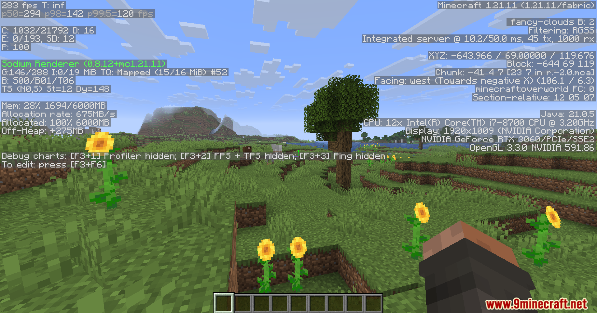 KryptonReno's Fabric Patcher Mod Screenshot 3 Minecraft debug screen showing high frame rates and system performance data near sunflowers