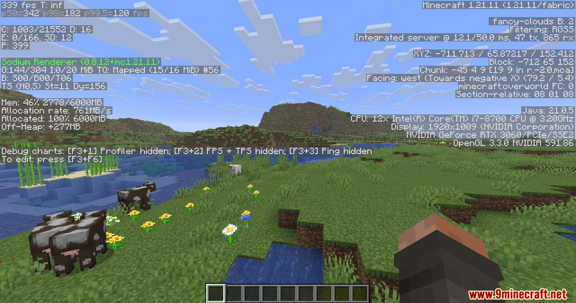 KryptonReno's Fabric Patcher Mod Screenshot 4 A player checks server performance and network data near cows and sheep