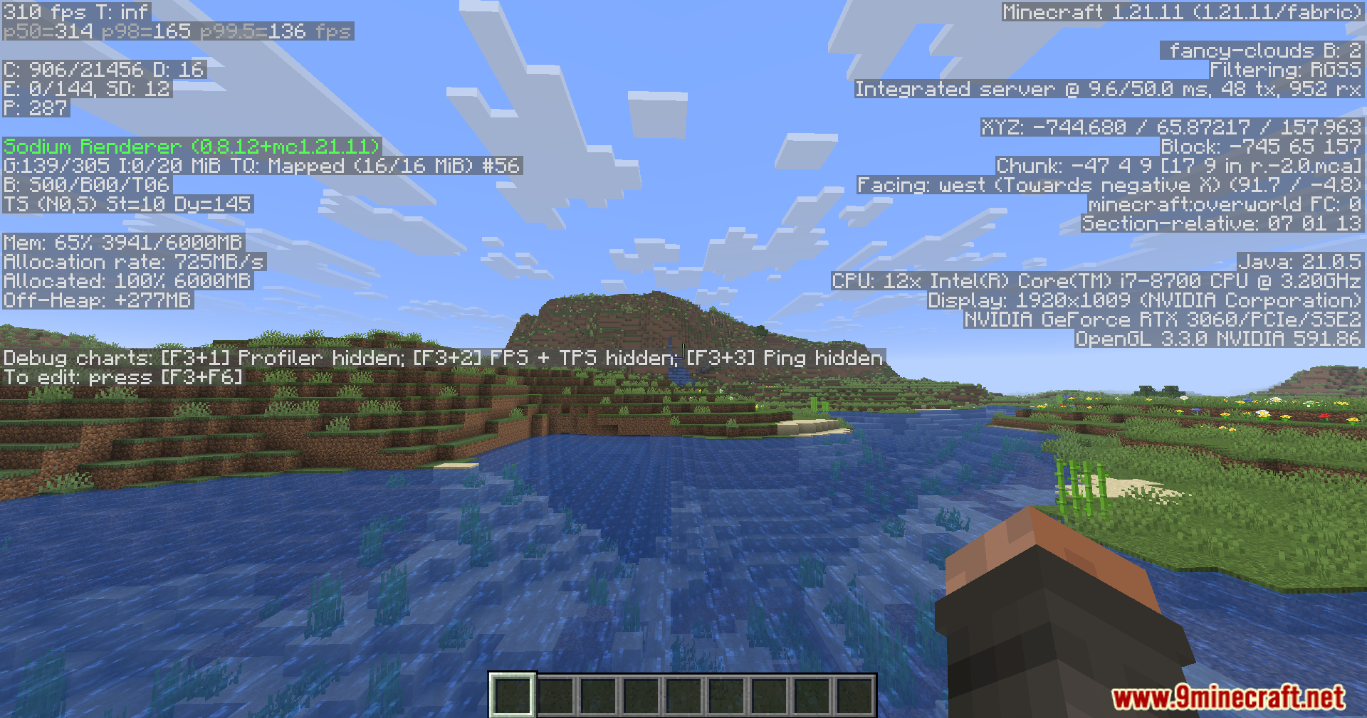KryptonReno's Fabric Patcher Mod Screenshot 5 KryptonReno Fabric Patcher mod showing performance metrics over a river landscape
