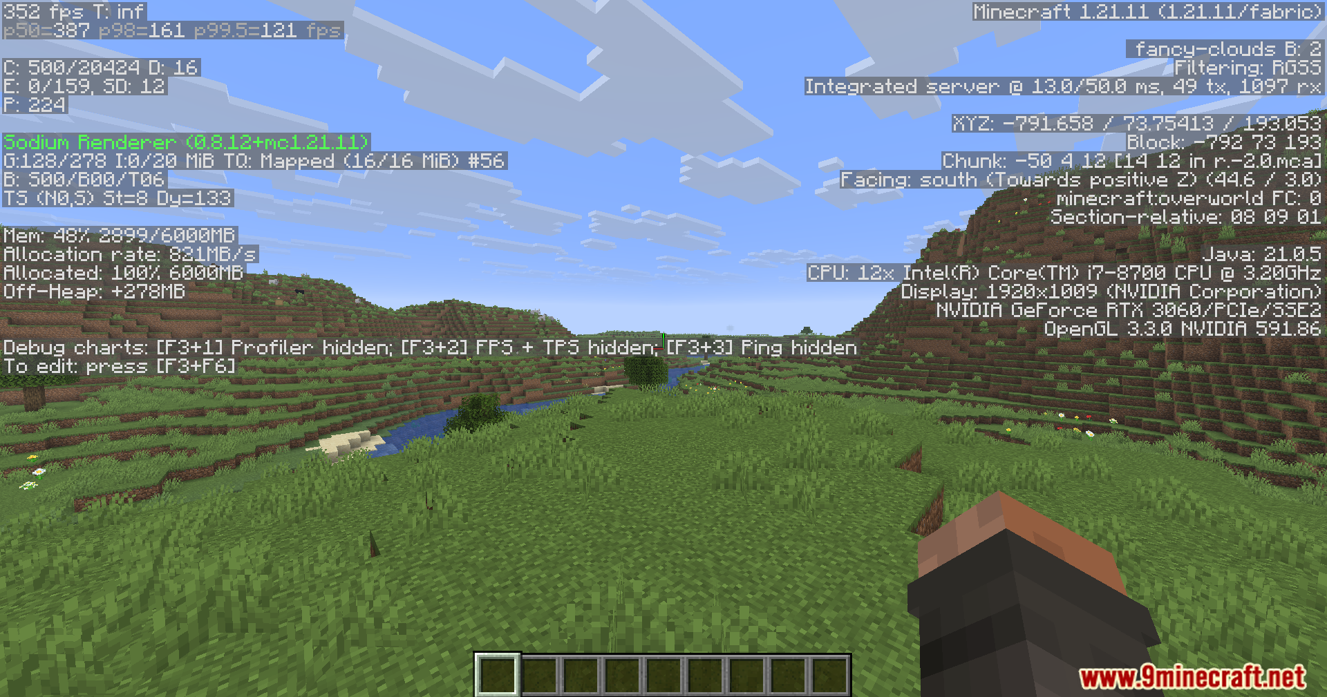 KryptonReno's Fabric Patcher Mod Screenshot 6 A grassy Minecraft field with the debug menu displaying various game statistics