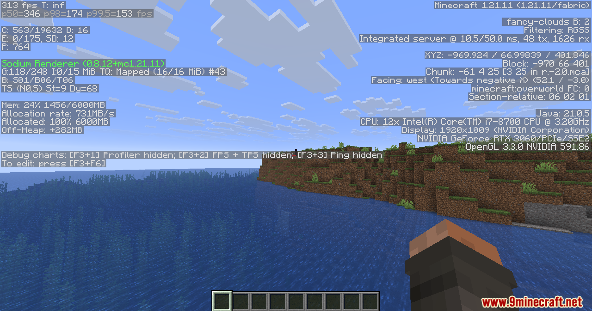 KryptonReno's Fabric Patcher Mod Screenshot 8 Minecraft player viewing the ocean with the debug menu active on screen