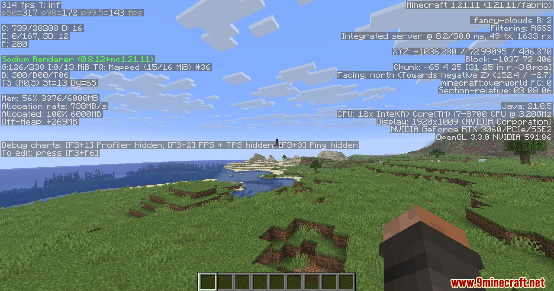 KryptonReno's Fabric Patcher Mod Screenshot 9 Minecraft debug screen displaying frame rates and hardware information over a landscape