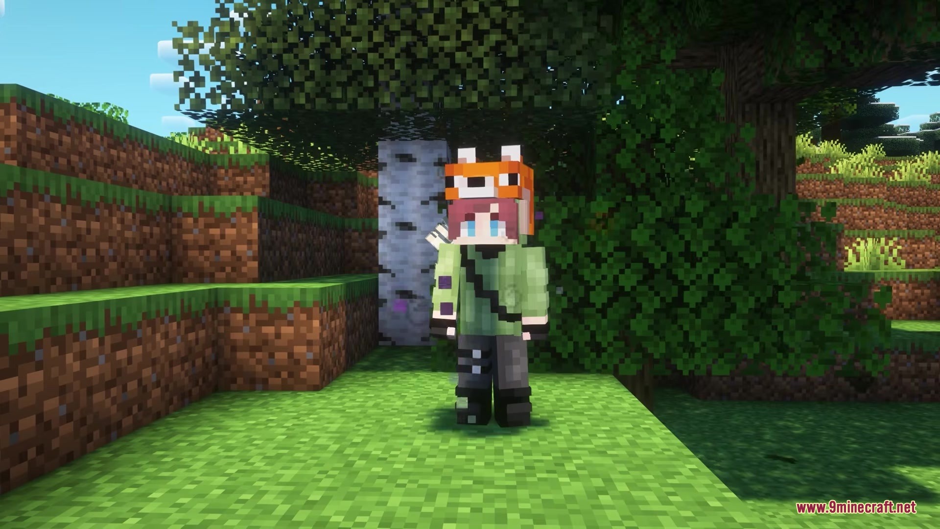 A Minecraft player wearing a fox mask stands near a birch tree