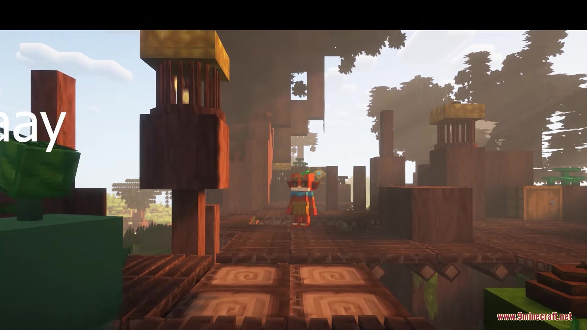 A small Kweebec creature standing on a wooden platform in a treehouse