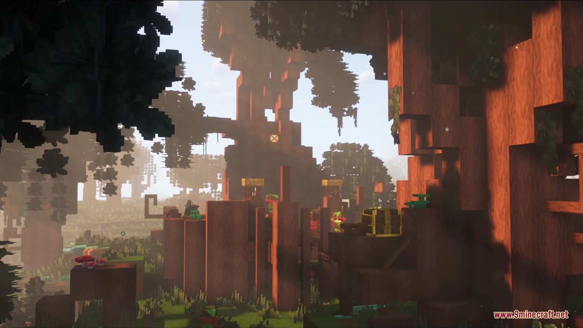 A peaceful treehouse village built into large trees in a swamp biome