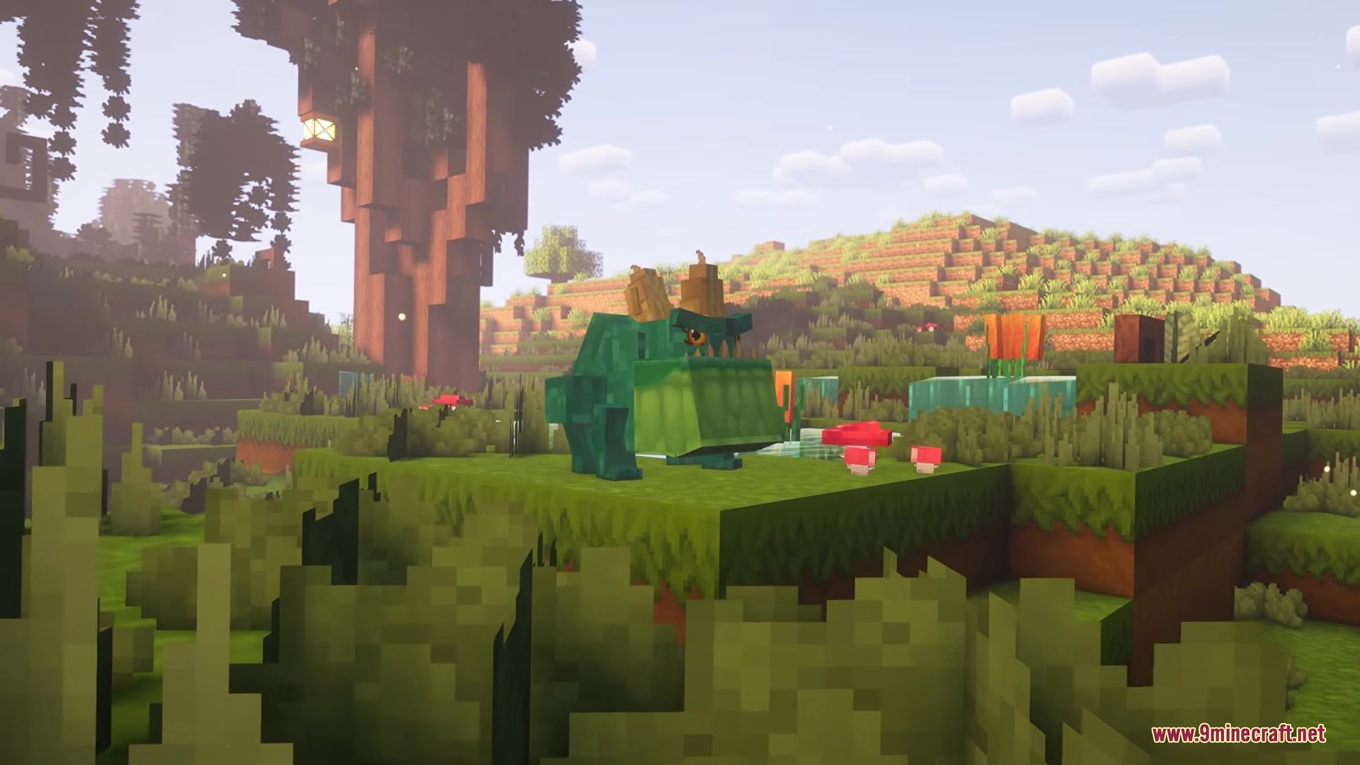 A large green Frog Monster standing on a grassy hill near red mushrooms