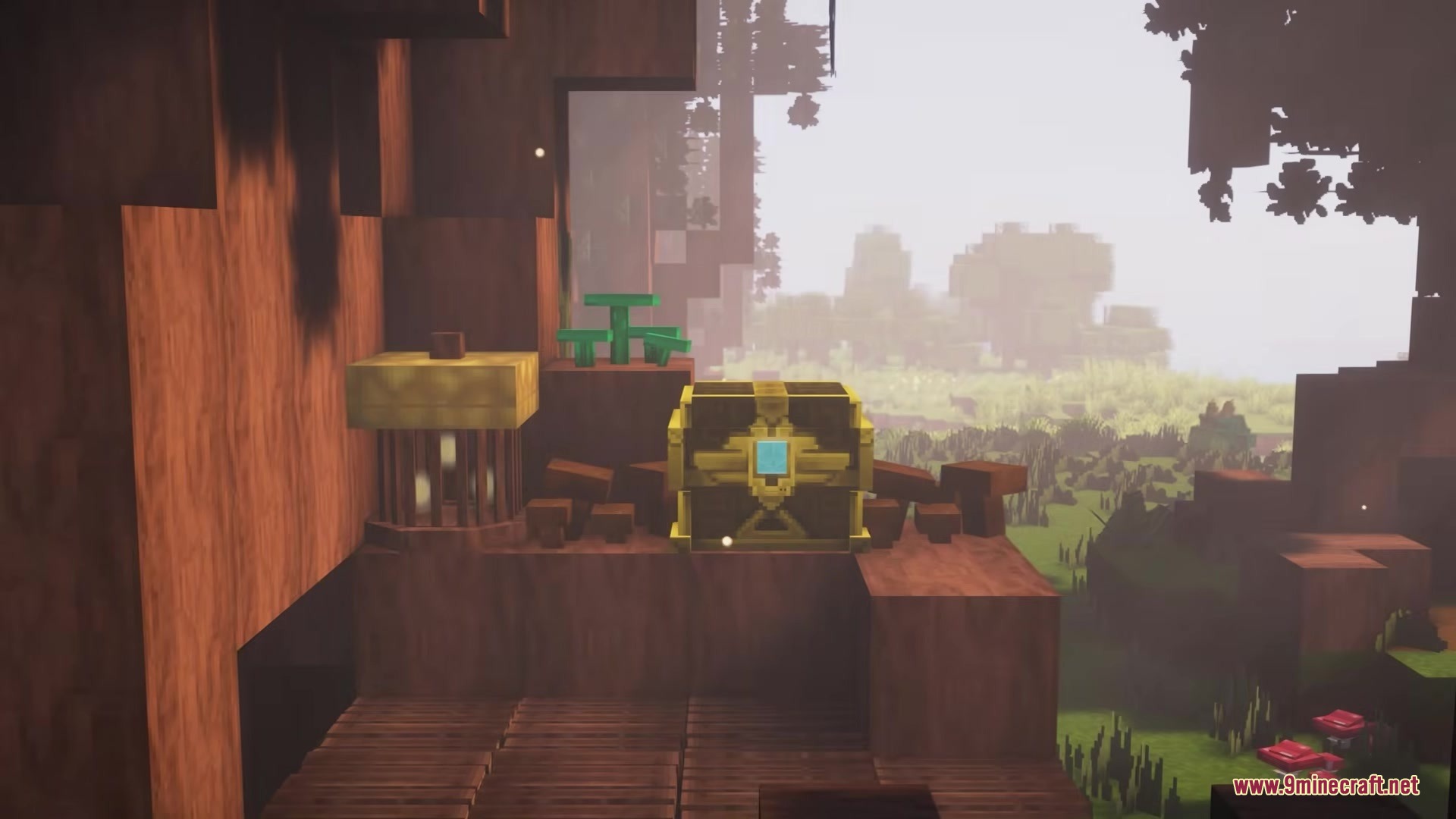 A legendary chest and a lantern sit inside a wooden treehouse village structure