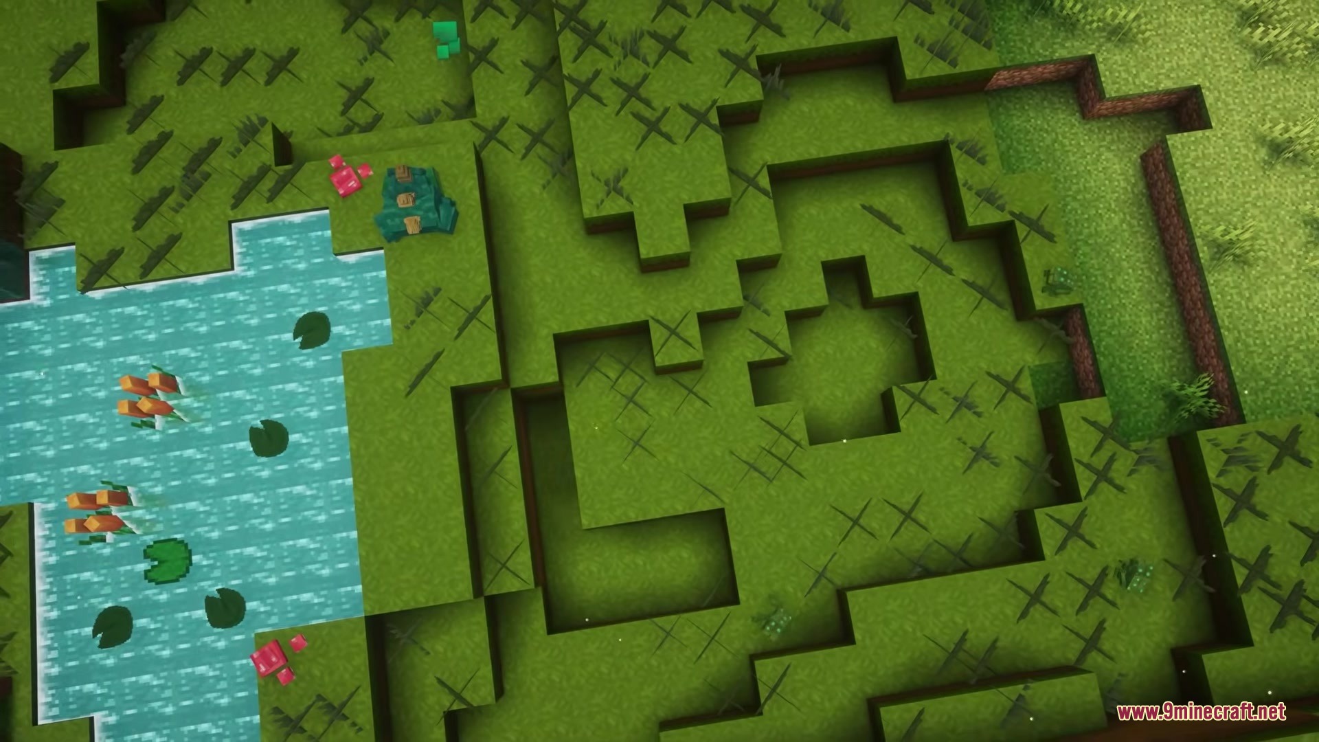 Overhead view of a custom swamp biome with lily pads and orange plants
