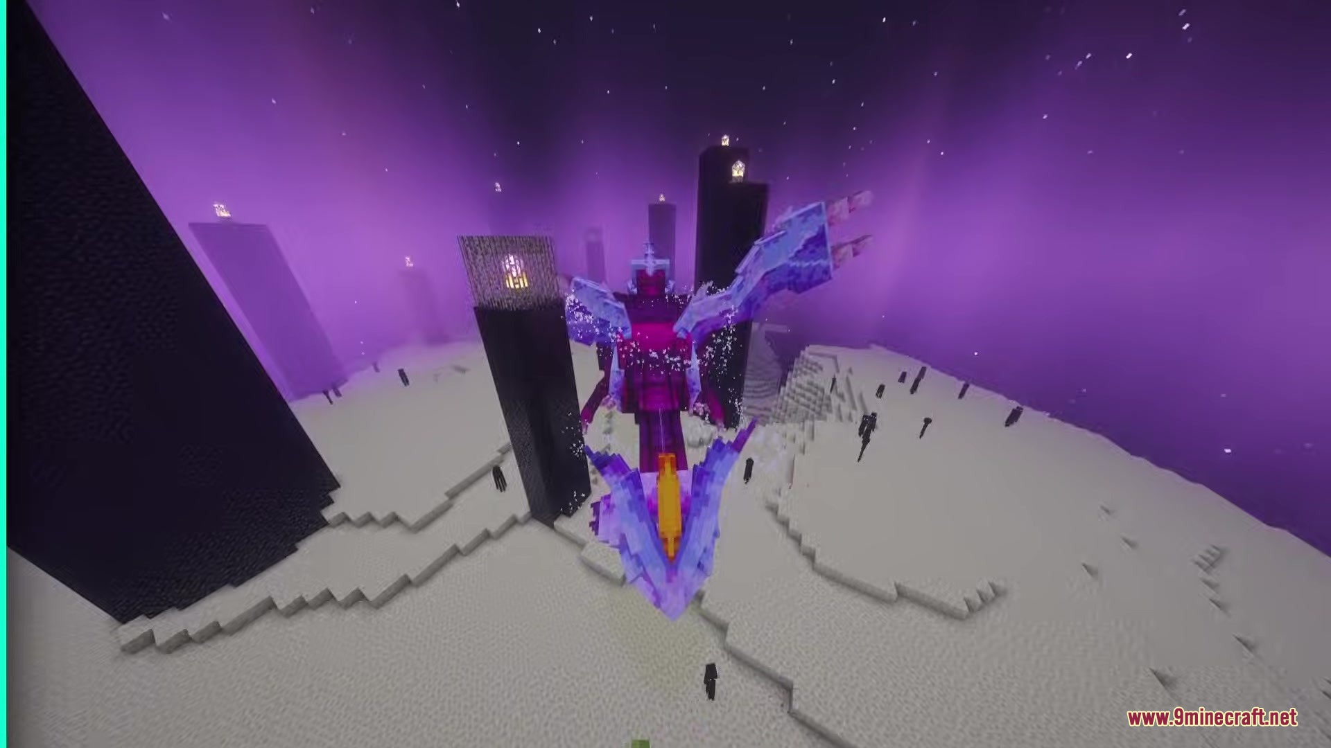 Kyurem Boss Mod Screenshot 1 A giant Kyurem boss flies through the End dimension above the obsidian pillars