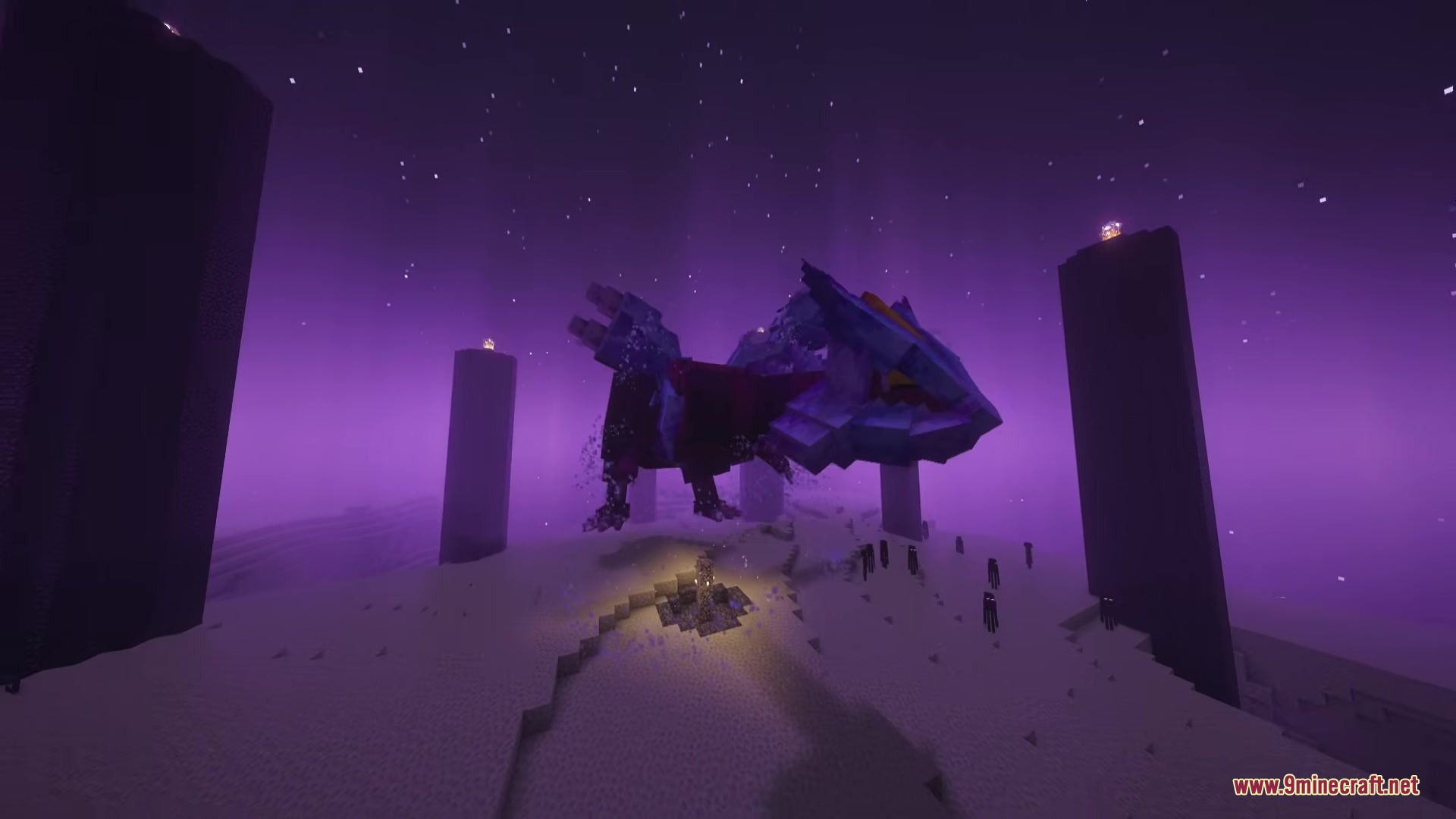 Kyurem Boss Mod Screenshot 2 The massive Kyurem boss stands on the ground in the purple End dimension