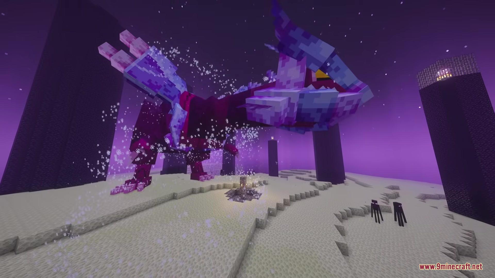 Kyurem Boss Mod Screenshot 3 Giant Kyurem boss standing in the End dimension with white ice aura particles