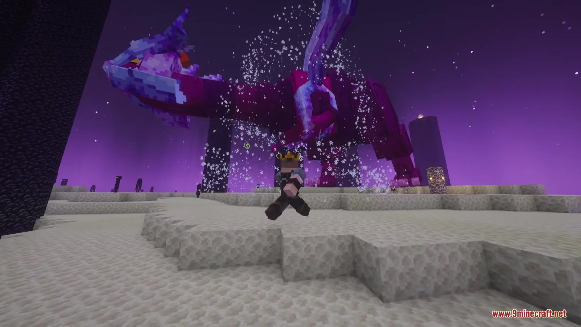Kyurem Boss Mod Screenshot 4 Minecraft player running away from the massive Kyurem boss in the End island