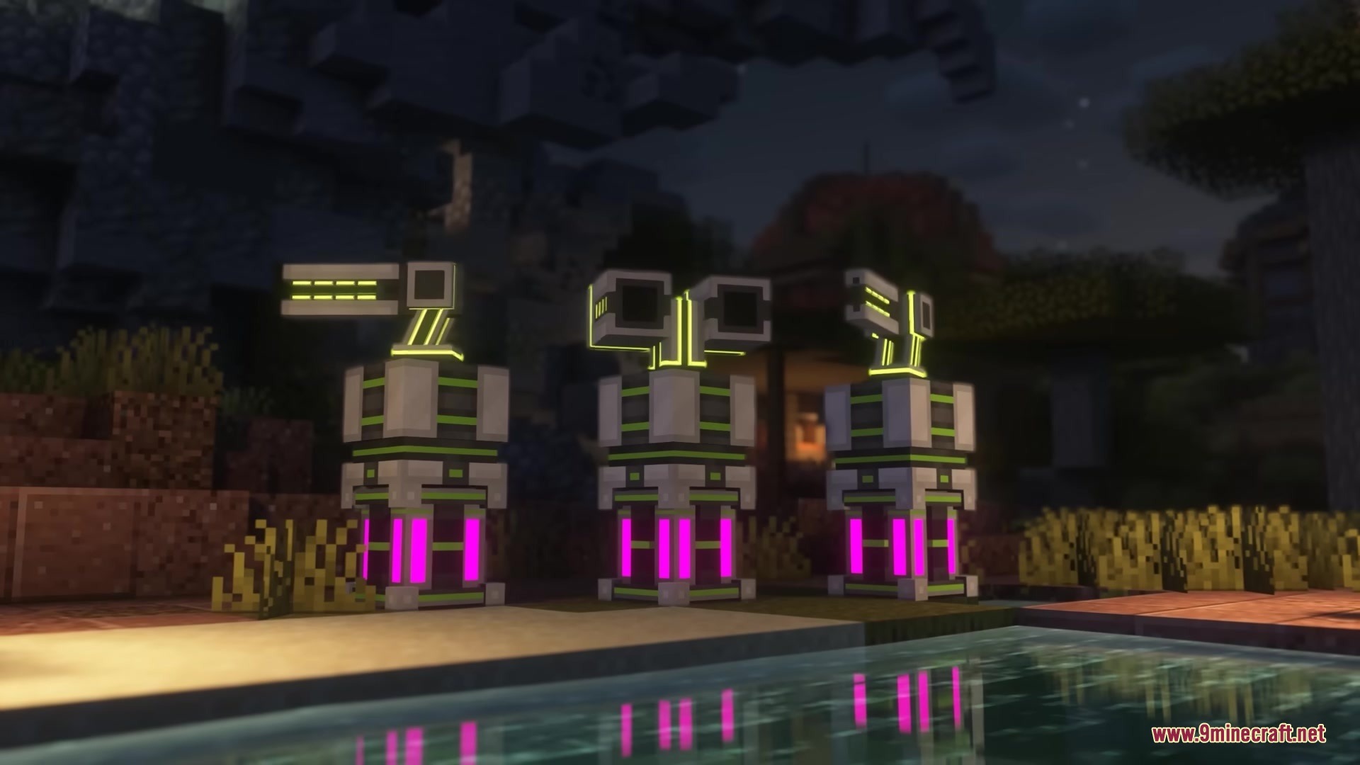 LTX Industries Mod Screenshot 3 Three LTX Industries machines with lime green accents and purple glowing bases