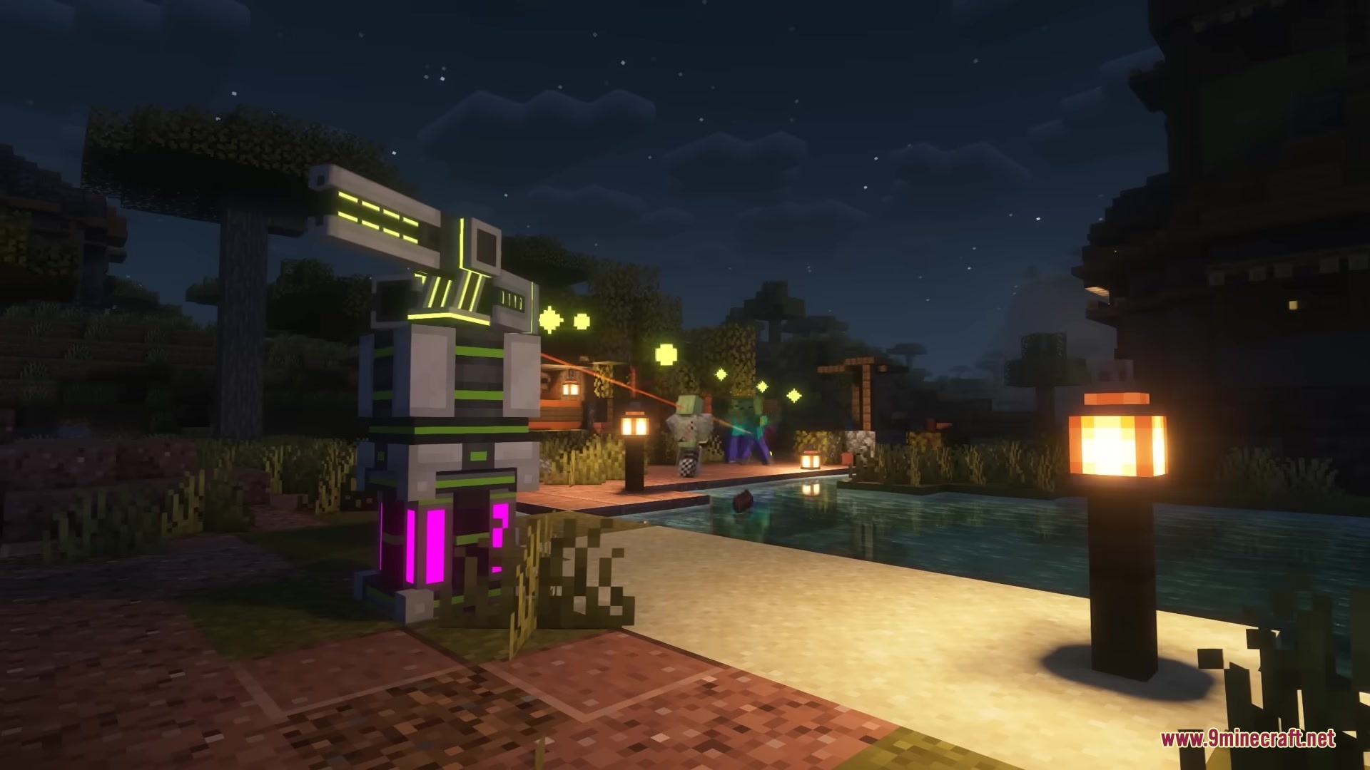 LTX Industries Mod Screenshot 5 Futuristic LTX Industries turret firing a laser beam at a zombie at night