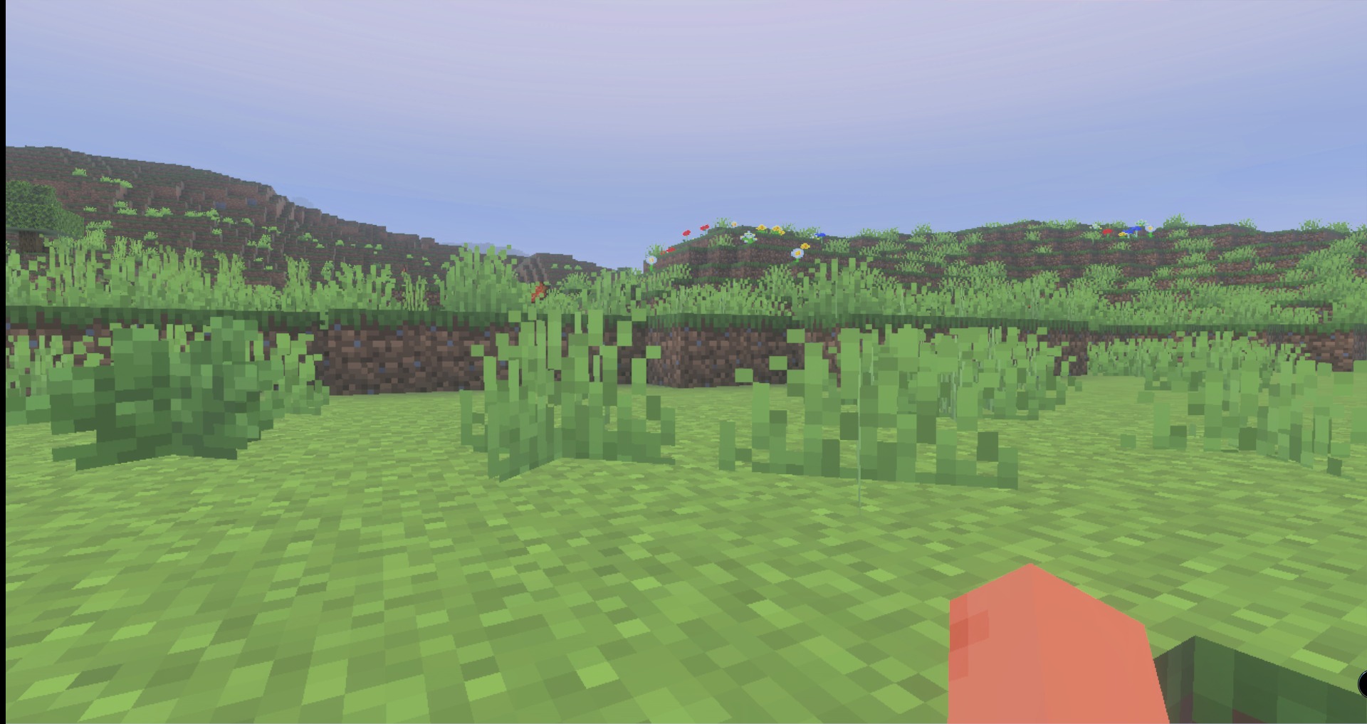 La Nature by Carrot Texture Pack Screenshot 2 Lush green landscape with colorful flowers and hills in the Minecraft world