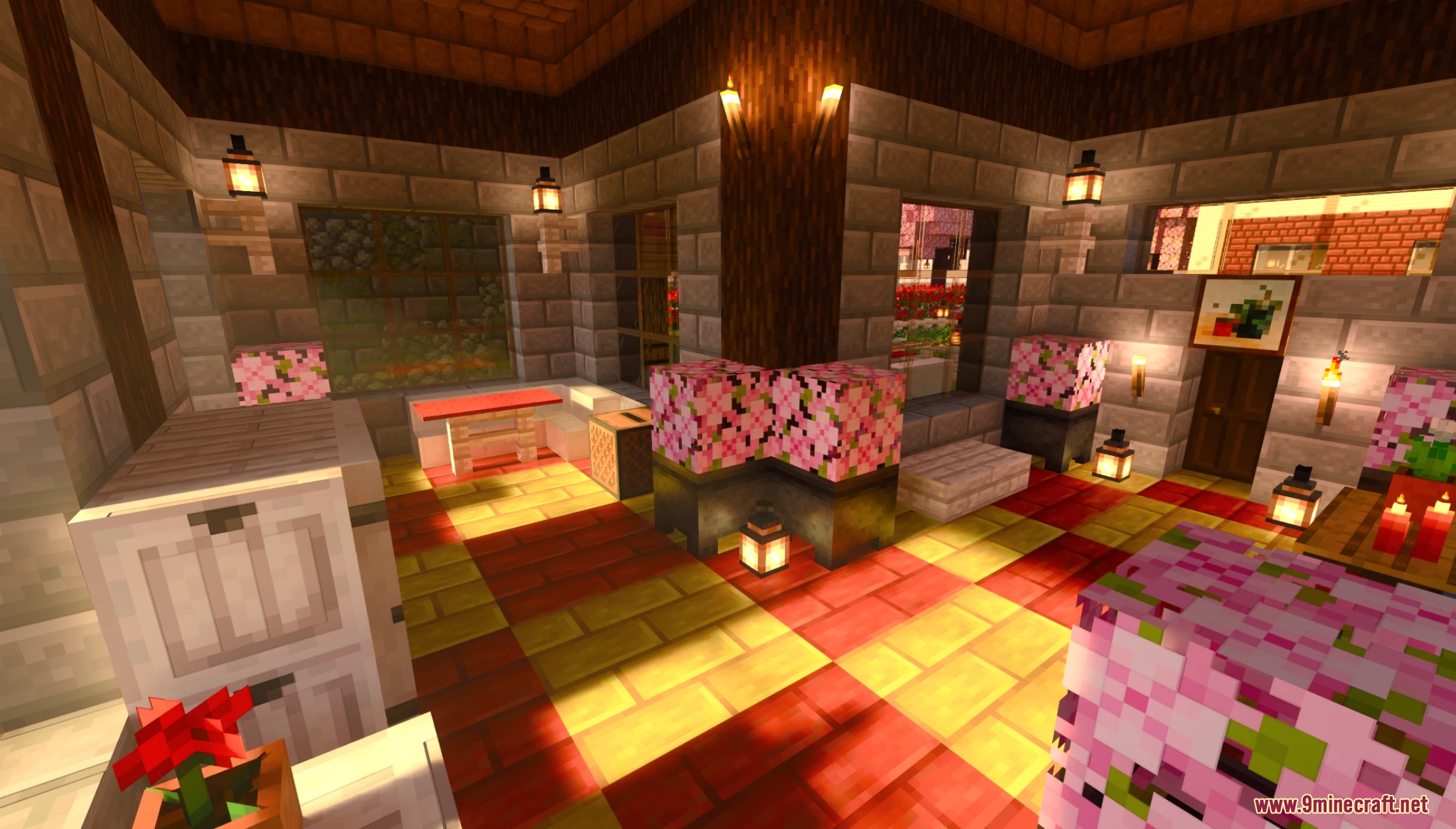 Lake Towen Map Screenshot 10 Interior of a stone building with lanterns and pink cherry blossom blocks